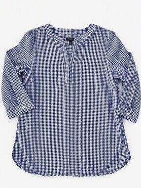 Talbots Tunic Blouse Black White Check Cotton Split Neck 3/4 Sleeve  Size MP